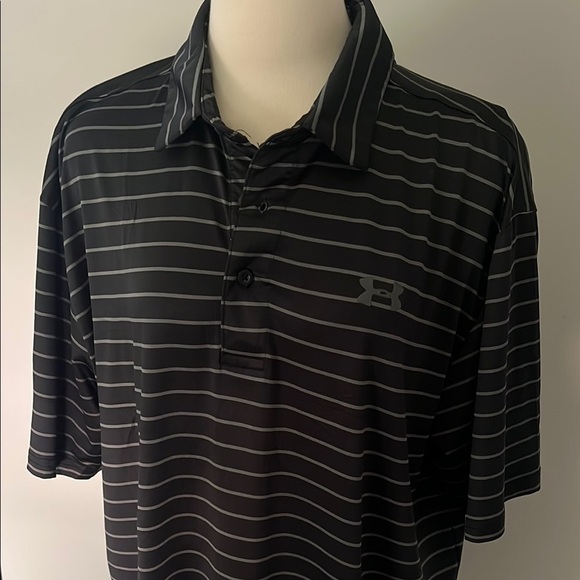 Under Armour Black and Gray Polo Shirt Classic Striped Design - Picture 1 of 5